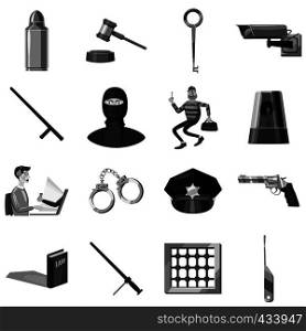 Criminal symbols icons set in monochrome style isolated vector illustration. Criminal symbols icons set monochrome