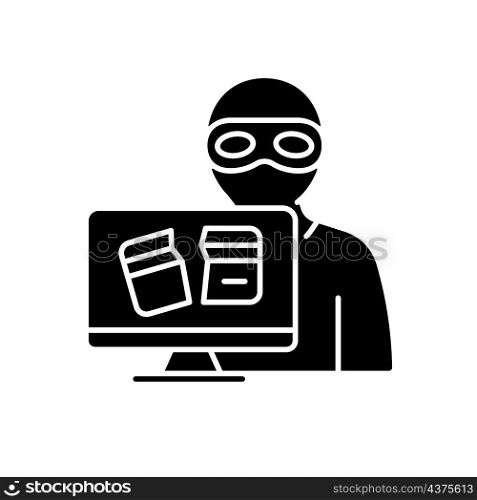 Criminally motivated attack black glyph icon. Computer disruption to gain money and information. Cybercrime. Data stealing. Silhouette symbol on white space. Vector isolated illustration. Criminally motivated attack black glyph icon
