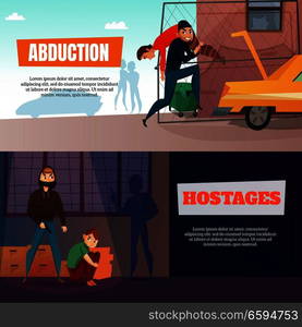 Criminals horizontal banners set with abduction and hostages symbols flat isolated vector illustration. Criminals Banners Set