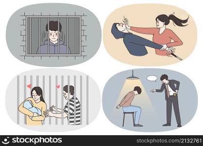 Criminals on freedom and in prison concept. Set of criminals thieves robbers attacking people living in prison and meeting family victims hitting them back trying to self defend vector illustration. Criminals on freedom and in prison concept
