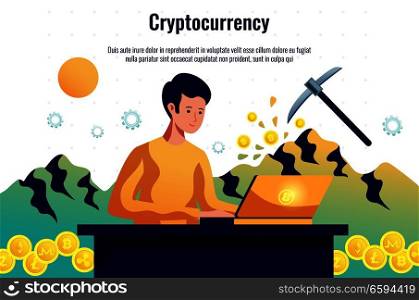 Criptocoins miner maintaining blockchain network working with computer software and trading cryptocurrency horizontal composition header vector illustration . Cryptocurrency Mining Horizontal Composition 