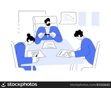 Crisis communications abstract concept vector illustration. Meeting with the boss, anticrisis strategy discussion, business etiquette, corporate culture, company rules abstract metaphor.. Crisis communications abstract concept vector illustration.