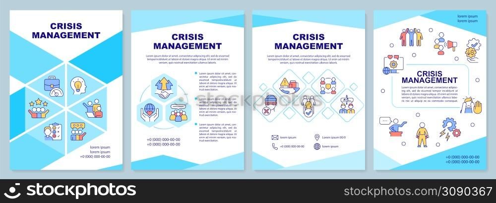 Crisis management blue brochure template. PR service. Leaflet design with linear icons. 4 vector layouts for presentation, annual reports. Arial-Black, Myriad Pro-Regular fonts used. Crisis management blue brochure template
