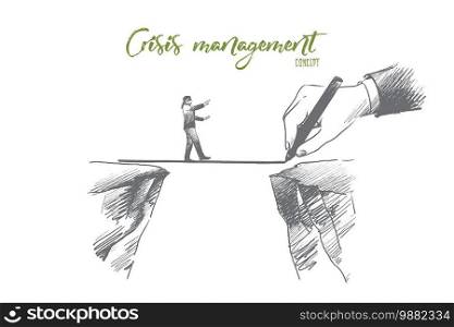 Crisis management concept. Hand drawn businessman is walking on a rope, symbol of crisis time in bussiness. Risking and making careful steps isolated vector illustration.. Crisis management concept. Hand drawn isolated vector.