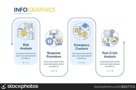 Crisis management plan blue rectangle infographic template. Data visualization with 4 steps. Editable timeline info chart. Workflow layout with line icons. Lato-Bold, Regular fonts used. Crisis management plan blue rectangle infographic template