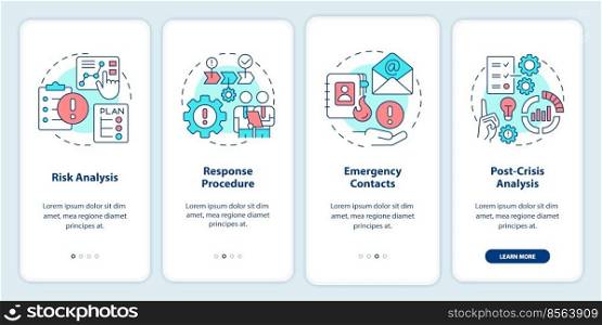 Crisis management plan onboarding mobile app screen. Walkthrough 4 steps editable graphic instructions with linear concepts. UI, UX, GUI template. Myriad Pro-Bold, Regular fonts used. Crisis management plan onboarding mobile app screen