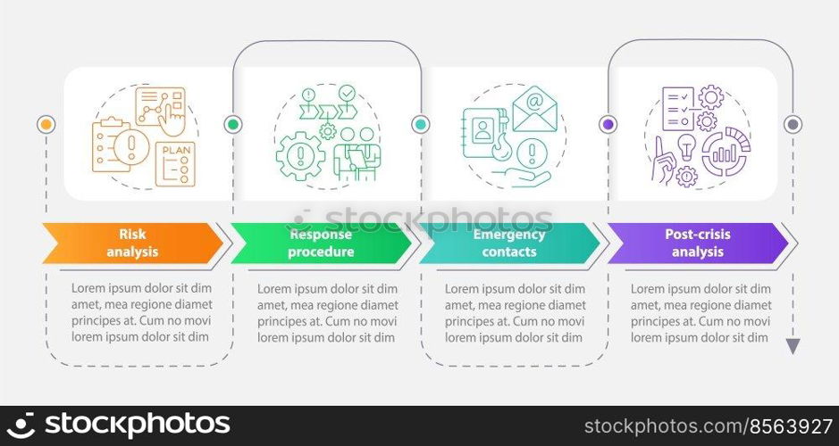 Crisis management plan rectangle infographic template. Data visualization with 4 steps. Editable timeline info chart. Workflow layout with line icons. Myriad Pro-Bold, Regular fonts used. Crisis management plan rectangle infographic template