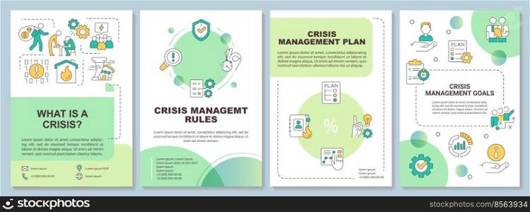 Crisis management process green brochure template. Leaflet design with linear icons. Editable 4 vector layouts for presentation, annual reports. Arial-Black, Myriad Pro-Regular fonts used . Crisis management process green brochure template