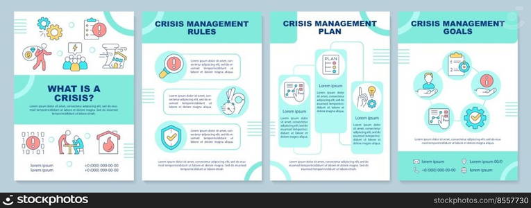 Crisis management process turquoise brochure template. Leaflet design with linear icons. Editable 4 vector layouts for presentation, annual reports. Arial-Black, Myriad Pro-Regular fonts used
. Crisis management process turquoise brochure template