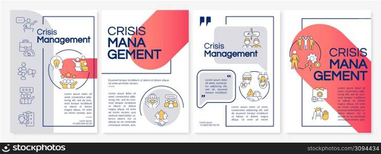 Crisis management red and grey brochure template. PR service. Leaflet design with linear icons. 4 vector layouts for presentation, annual reports. Questrial, Lato-Regular fonts used. Crisis management red and grey brochure template