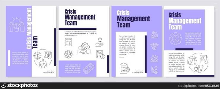 Crisis management team purple brochure template. Teamwork. Leaflet design with linear icons. Editable 4 vector layouts for presentation, annual reports. Anton, Lato-Regular fonts used . Crisis management team purple brochure template