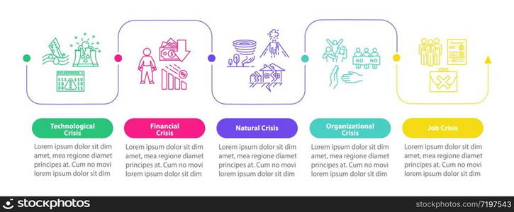 Crisis types vector infographic template. Economic, natural, social issues presentation design elements. Data visualization with five steps. Process timeline chart. Workflow layout with linear icons