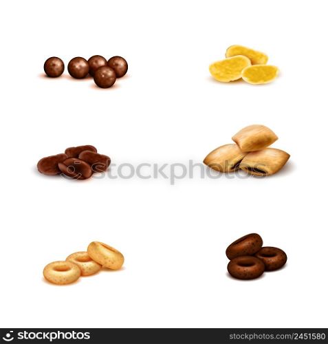 Crispy breakfast cereals of various shape and color realistic set on white background isolated vector illustration . Breakfast Cereals Realistic Set