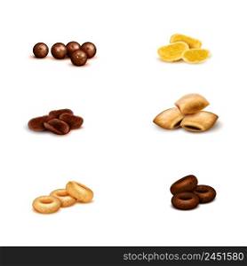 Crispy breakfast cereals of various shape and color realistic set on white background isolated vector illustration . Breakfast Cereals Realistic Set