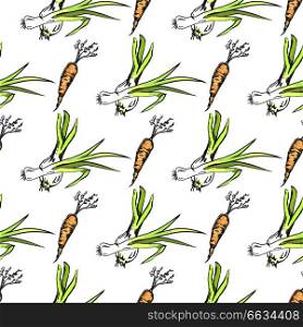 Crispy carrot and green leek seamless pattern. Organic healthy vegetarian vegetables vector illustration formed in endless texture.. Crispy Carrot and Green Leek Seamless Pattern