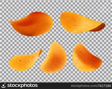 Crispy chips made of potato slices vector isolated icons on transparent background. Snacks with salt and pepper, spicy fried fast food nutrition fries. Crispy Chips Made of Potato Slices Vector Icons