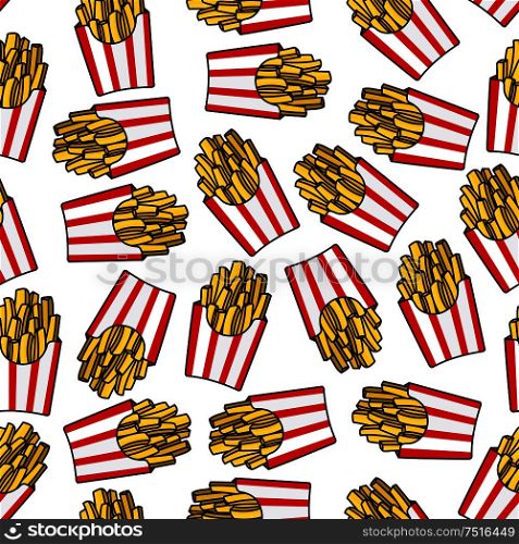 Crispy french fries seamless pattern with red and white striped paper boxes of fried potato. For fast food background or takeaway restaurant menu design usage. Fast food french fries seamless pattern