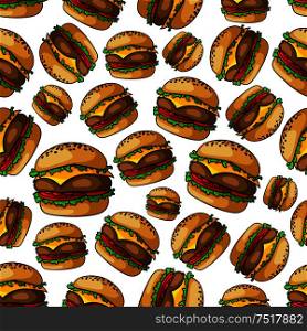 Crispy grilled seamless cheeseburgers pattern background of fast food sandwiches with beef burger patties, topped with melted cheese, tomatoes and lettuce on toasted poppy seed buns. Seamless grilled cheeseburgers pattern background