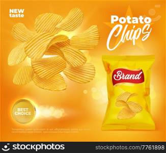 Crispy ripple potato chips and realistic package. 3d vector promo poster with crunchy snack and foil bag. Delicious food advertising, crisp meal promotion with wavy chips in yellow pack. Crispy ripple potato chips and realistic package