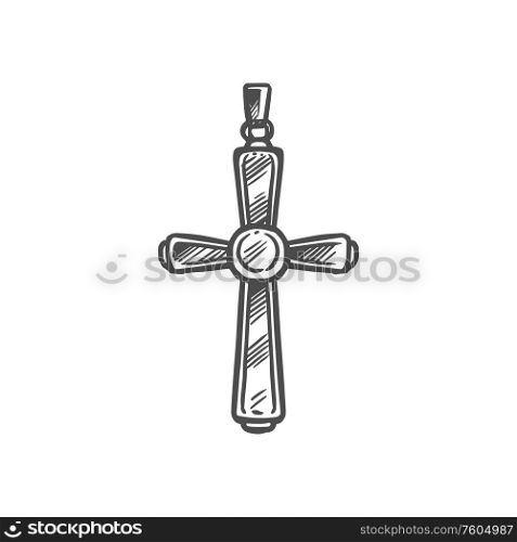 Cristian crucifixion cross, church religious symbol of easter and belief. Vector Christianity Orthodox and Catholic pectoral cross pendant. Christianity cross pendant, religious symbol