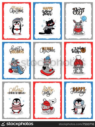 Cristmas cartoon cards with animals penguin, cute cat and lovely rabbit. Vector clipart illustrations with greetings of Merry Chrismas, Happy New Year. Cristmas Cartoon Cards with Animals Penguin, Cat