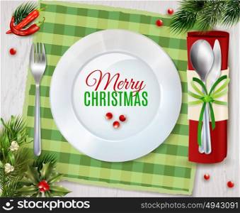 Cristmas Dinner Cutlery Realistic Composition Poster. Christmas dinner table place with plate and cutlery holder for spoon and knife realistic poster vector illustration