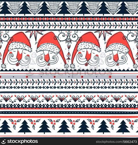 Cristmas vector seamless pattern with funny Santa portraits and folk ornaments