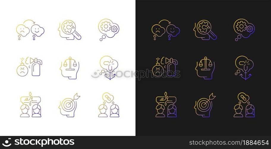 Critical mindset and attitude gradient icons set for dark and light mode. Critical thinking. Thin line contour symbols bundle. Isolated vector outline illustrations collection on black and white. Critical mindset and attitude gradient icons set for dark and light mode