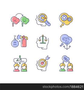 Critical mindset and attitude RGB color icons set. Rationality, critical thinking. Emotional intelligence. Understand weak areas. Isolated vector illustrations. Simple filled line drawings collection. Critical mindset and attitude RGB color icons set