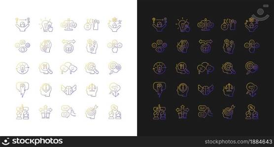 Critical thinking gradient icons set for dark and light mode. Intellectual and logical skills. Thin line contour symbols bundle. Isolated vector outline illustrations collection on black and white. Critical thinking gradient icons set for dark and light mode