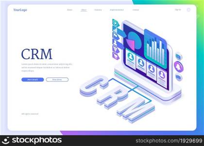 CRM banner. Concept of customer relationship management, marketing strategies and technologies for manage and development client interactions. Vector landing page with isometric illustration. Customer relationship management banner