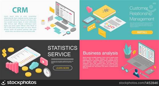 CRM banner set. Isometric set of CRM vector banner for web design. CRM banner set, isometric style