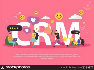 CRM customer relationship management background composition of cartoon human characters pictograms thought bubbles and editable text vector illustration. Customer Relationship Management Background