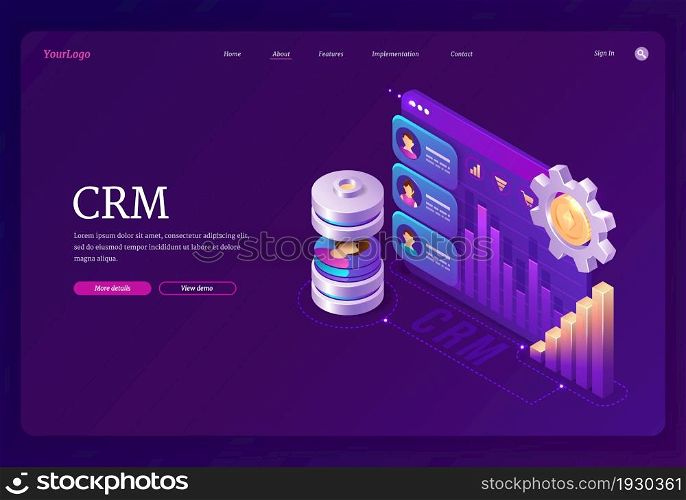 CRM, customer relationship management isometric landing page. Marketing strategies and technologies for manage and development client interactions, device screen with graphs, 3d Vector with web banner. CRM, customer relationship management landing