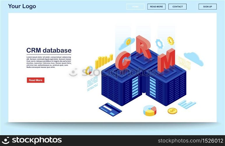 CRM database and server isometric landing page vector template. Client data, sales statistics storage website interface. Customer relationship management software 3d webpage concept