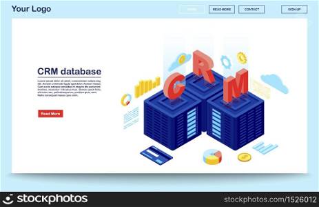 CRM database and server isometric landing page vector template. Client data, sales statistics storage website interface. Customer relationship management software 3d webpage concept
