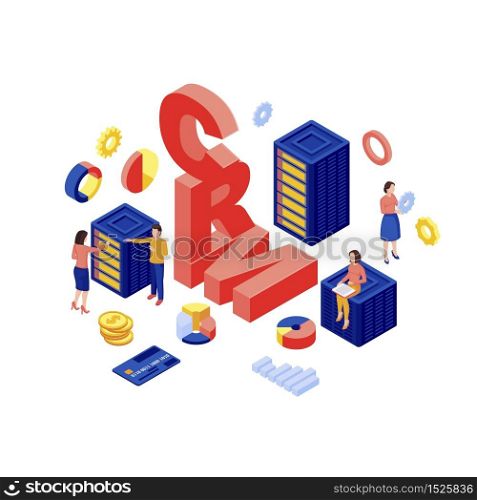 CRM database isometric vector illustration. Client data storage, marketing automation software 3d concept isolated on white background. Ecommerce digital technology. Customer managers working