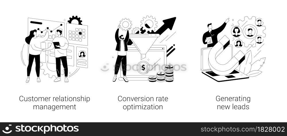 CRM lead management abstract concept vector illustration set. Customer relationship management, conversion rate optimization, generating new leads, sales data, marketing software abstract metaphor.. CRM lead management abstract concept vector illustrations.