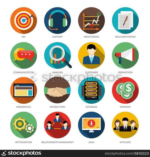 CRM Round Icons Set. CRM round icons set with monitoring support customer communication and database vector illustration