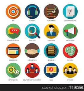 CRM round icons set with monitoring support customer communication and database vector illustration. CRM Round Icons Set