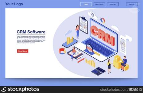 CRM software isometric landing page vector template. Working process, workflow organization and optimization service website interface. Customer relationship management system 3d concept