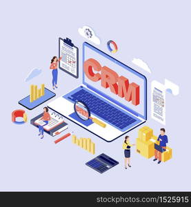 CRM software isometric vector illustration. Customer, client relationship management system. Company kpi, erp optimization 3d concept. Marketing automation tool. Corporate working process organization