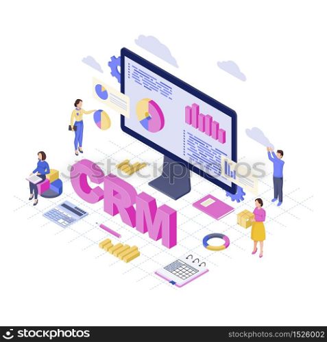 CRM software, platform isometric vector illustration. Client data analytics and storage. Customer relationship management service 3d concept. Business automation Sales, marketing statistics analysts