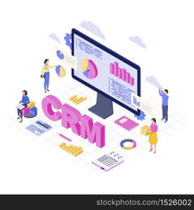 CRM software, platform isometric vector illustration. Client data analytics and storage. Customer relationship management service 3d concept. Business automation Sales, marketing statistics analysts