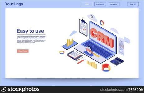CRM system isometric landing page template. Customer retention software and digital client database service website interface. Business and marketing tools 3d concept. Customer relationship management