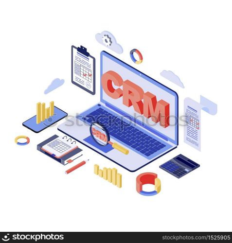 CRM system isometric vector illustration. Customer, management, marketing automation software 3d concept isolated on white. Clients database. Working process, workflow organization and optimization