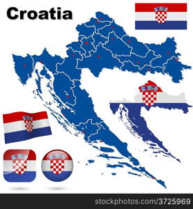 Croatia vector set. Detailed country shape with region borders, flags and icons isolated on white background.