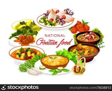Croatian cuisine food, traditional meals restaurant menu cover. Croatian seafood squids with potatoes and spinach, green soup and poplety, krempita and kabachky in seaside manner. National Croatian cuisine, restaurant meals menu
