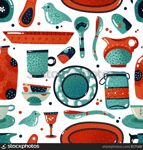 Crockery seamless pattern. Home watercolor kitchen and cooking tableware bowl decorative dish ceramic cup pitcher vector background. Crockery seamless pattern. Home watercolor kitchen and cooking tableware bowl dish ceramic cup pitcher background