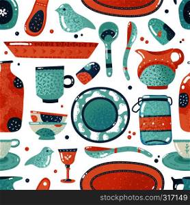 Crockery seamless pattern. Home watercolor kitchen and cooking tableware bowl decorative dish ceramic cup pitcher vector background. Crockery seamless pattern. Home watercolor kitchen and cooking tableware bowl dish ceramic cup pitcher background
